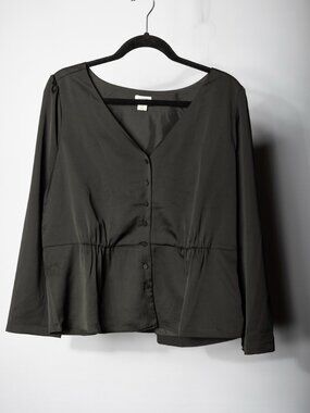 J.Crew Peplum Button-Front Blouse Black Long Sleeve Size 16